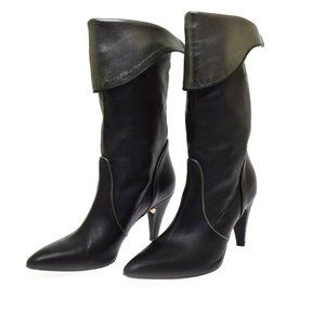 Fornarina Black Leather Silver Gray Metal Cuff Pointed Toe Boots 40 US 9